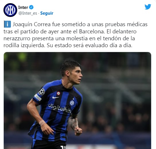 Joaquín Correa, jugador de la Selección Argentina, será evaluado "día a día", detalló el club Neroazzurro en un comunicado. / Gentileza.