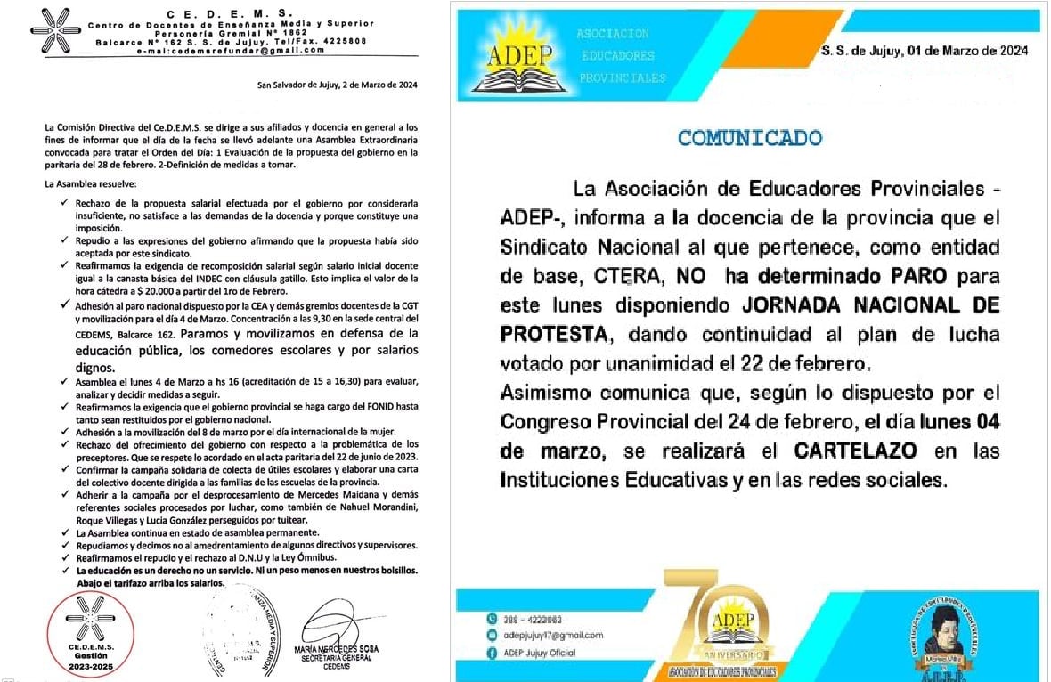 El principal sindicato de los docentes de nivel medio y terciario de la educación pública de Jujuy comunicó que este lunes irá al paro, mientras que la docencia de nivel inicial y primario prestará servicio con normalidad, en el primer día de clases.