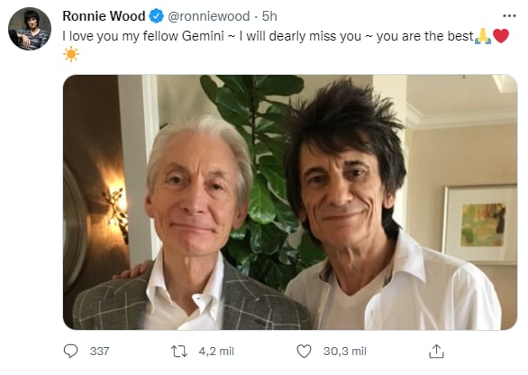 La emotiva despedida de Ronnie Wood a Charlie Watts: “Te extrañaré mucho, sos el mejor”