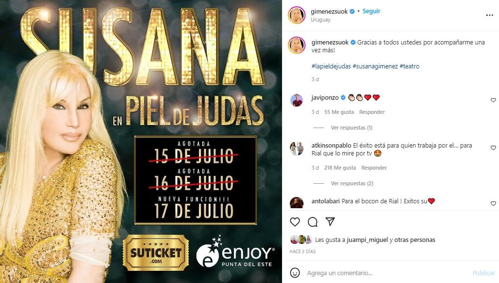 Susana Giménez agota funciones en Uruguay.