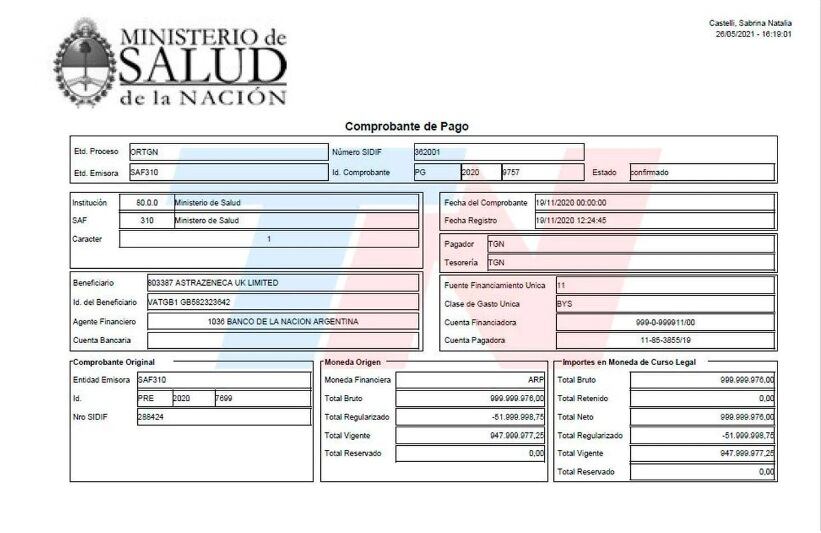 Uno de los pagos realizados por Argentina (Foto: TN.com.ar)