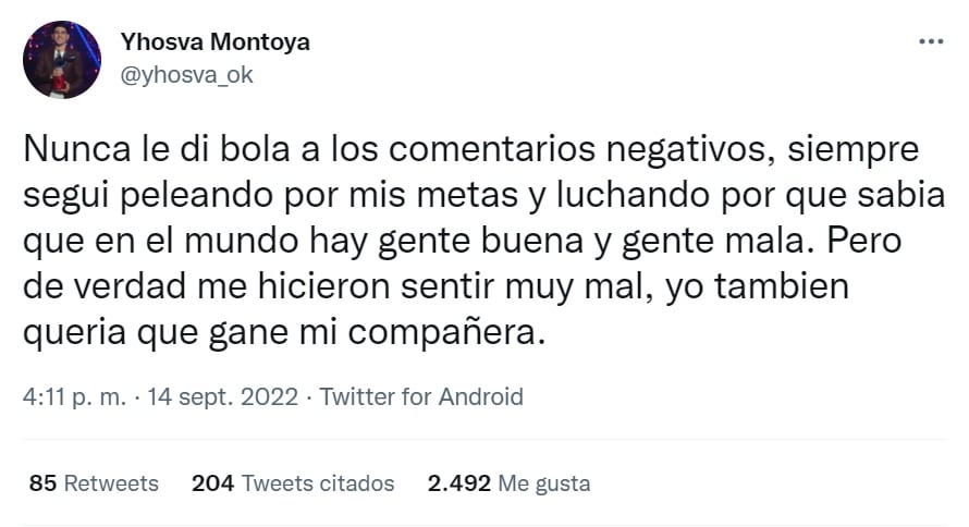 Yhosva expresó su malestar. (Twitter Yhosva Montoya)