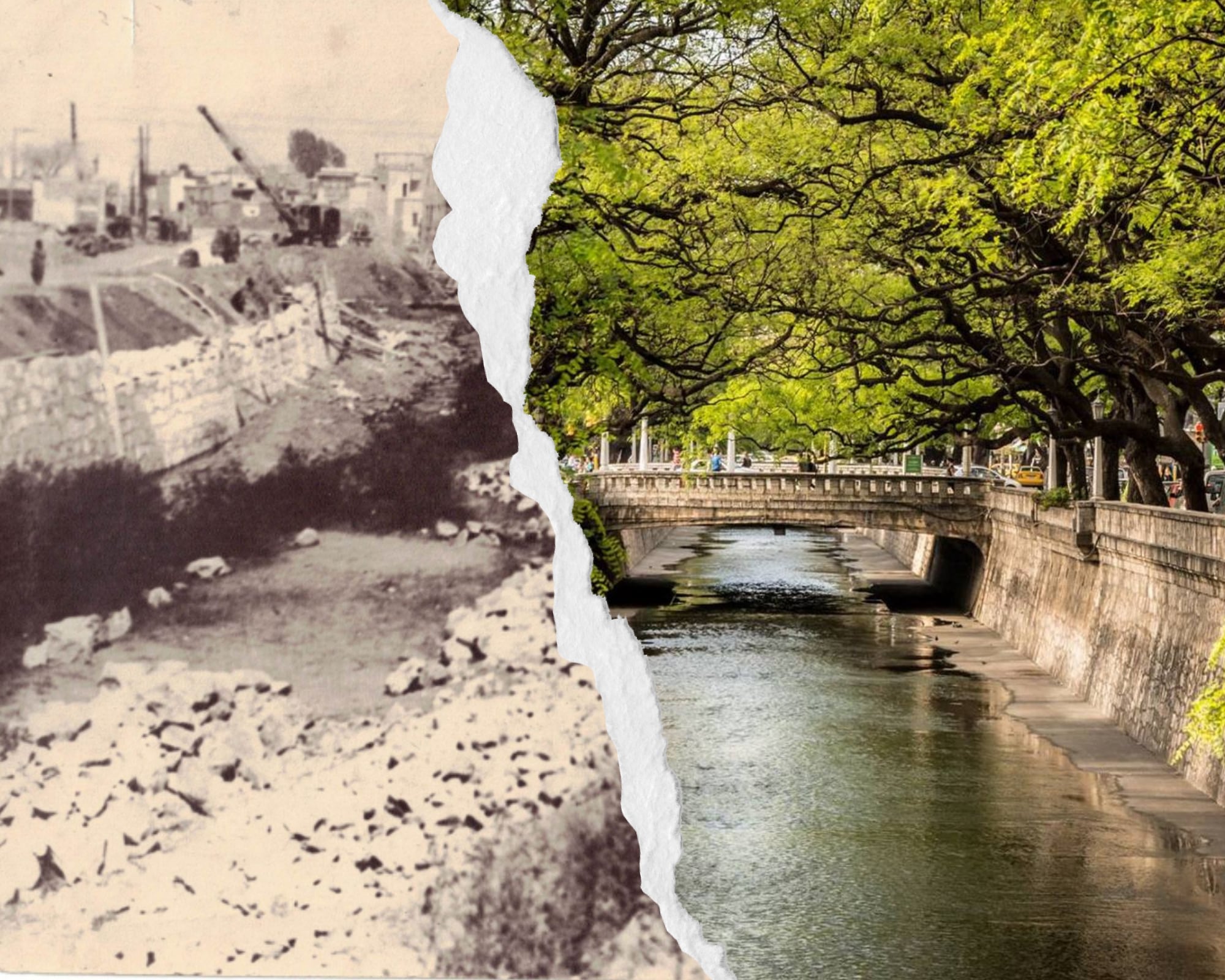 Un antes y después de La Cañada. (Foto antigua: La Cañada, ca. 1980. Fot. desc. Inventario N° 88. Archivo Histórico Municipal de Córdoba / Foto actual: banco web)