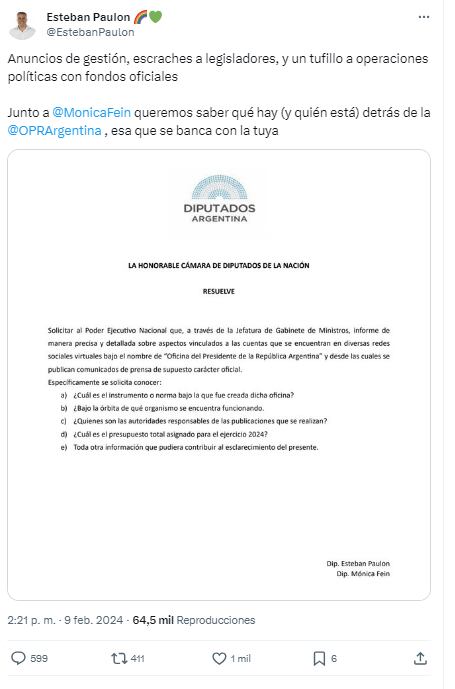 Paulón y Fein pidieron informes ante el jefe de Gabinete.