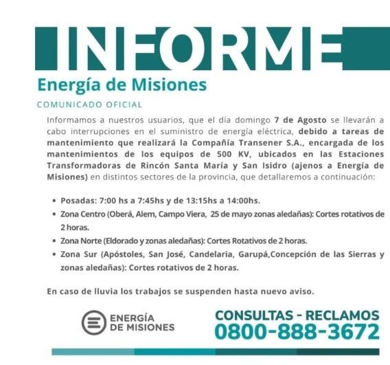 Cortes programados de energía eléctrica para varios puntos de Misiones.