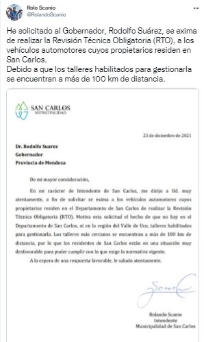 Del Intendente de San Carlos dirigida al Gobernador de Mendoza.