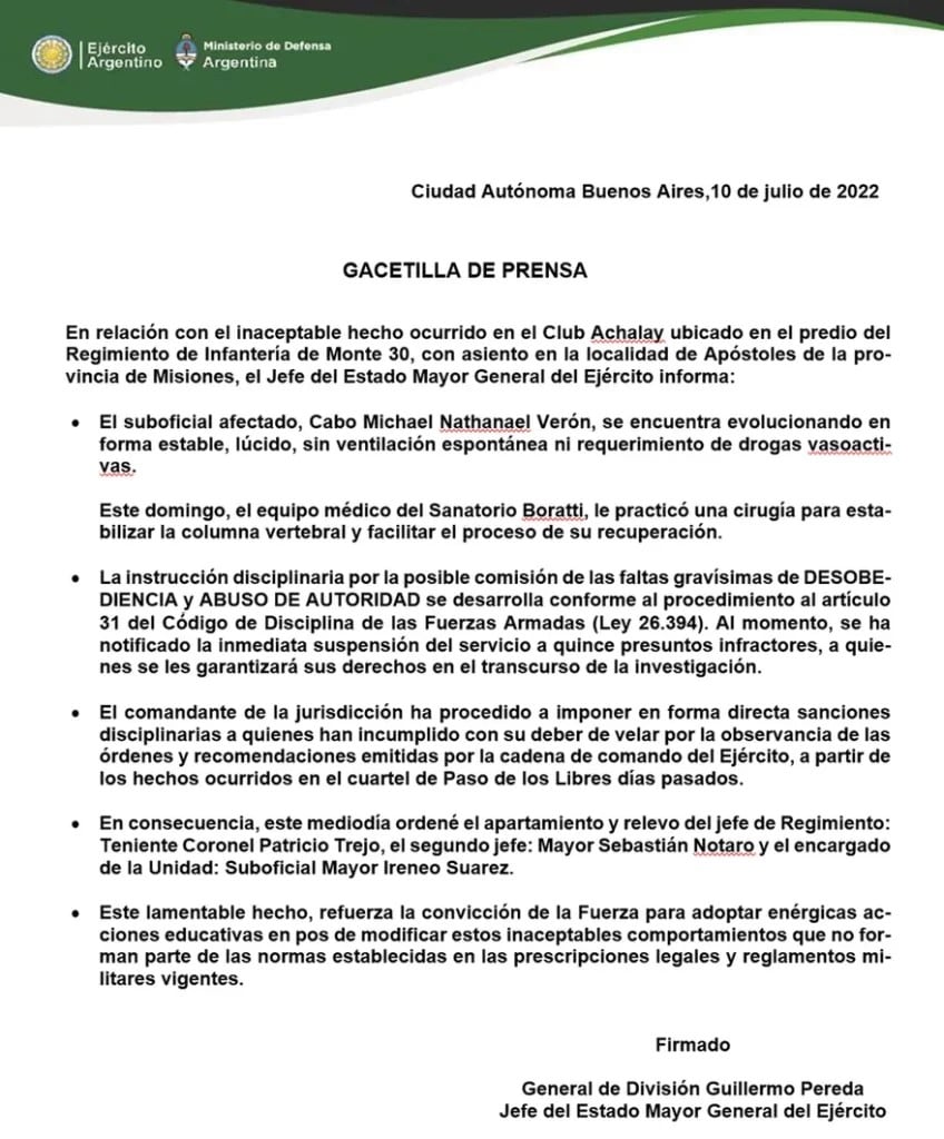 Apartan a la cúpula del regimiento del Ejército en Apóstoles luego de las lesiones a un cabo.