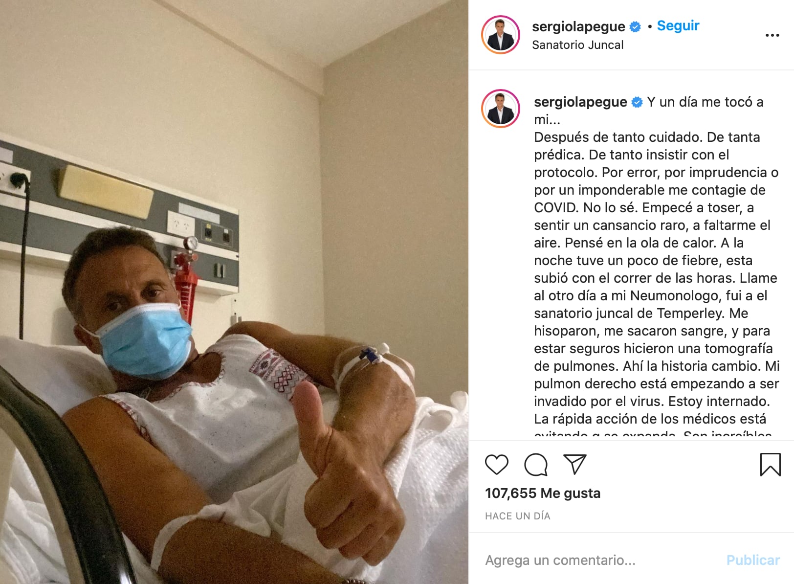 La publicación de Sergio Lapegüe desde la clínica.