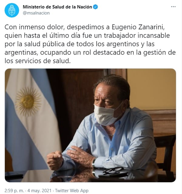 La despedida del Ministerio de Salud de la Nación a Eugenio Zanarini. (Twitter: @msalnacion)