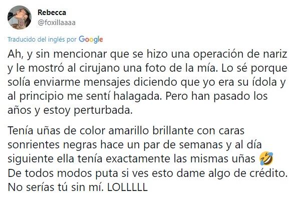 El mensaje de Rebecca Fox asegurando que Cande la copia.