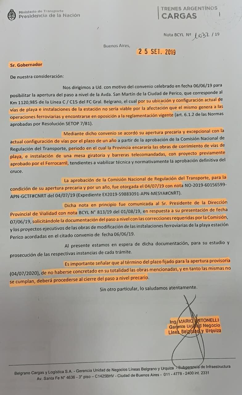 Nota de la empresa estatal Trenes Argentinos Cargas fechada en septiembre del año 2019, vinculada a compromisos establecidos con la Provincia de Jujuy respecto del acceso a la ciudad de Perico.