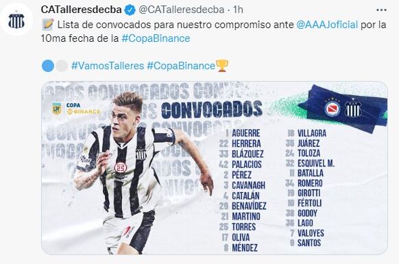 La lista de Talleres, y un equipo con la base titular para visitar a Argentinos este domingo.