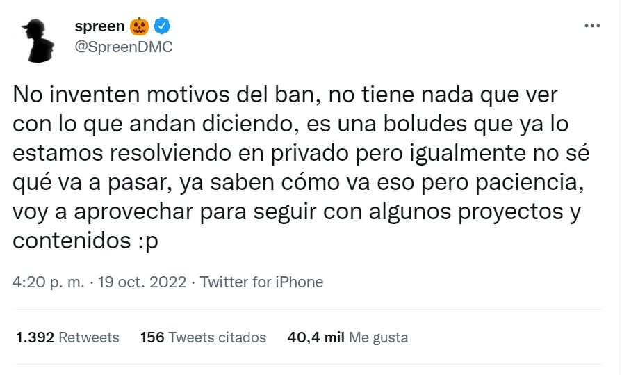 El mensaje que publicó Spreen tras ser baneado de Twitch