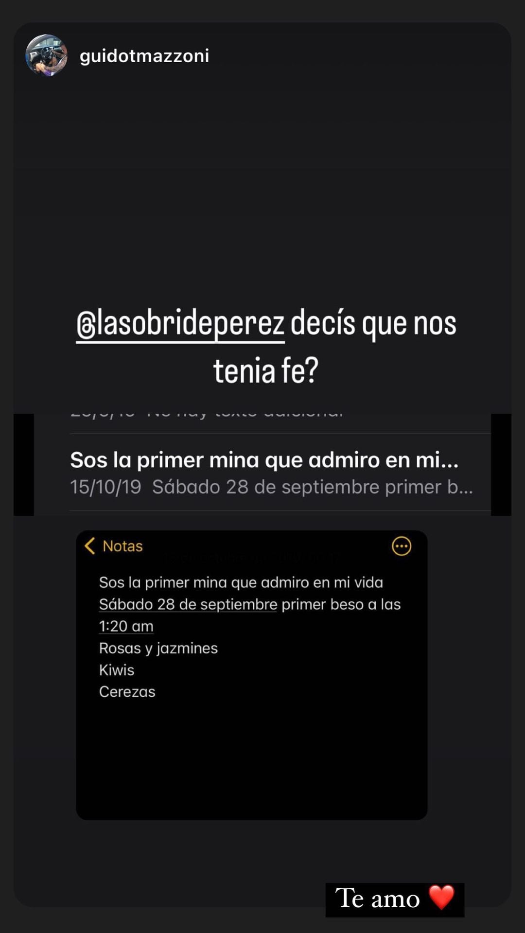 Guido Mazzoni confesó que anotó en su teléfono el día que besó a Sol Pérez por primera vez.