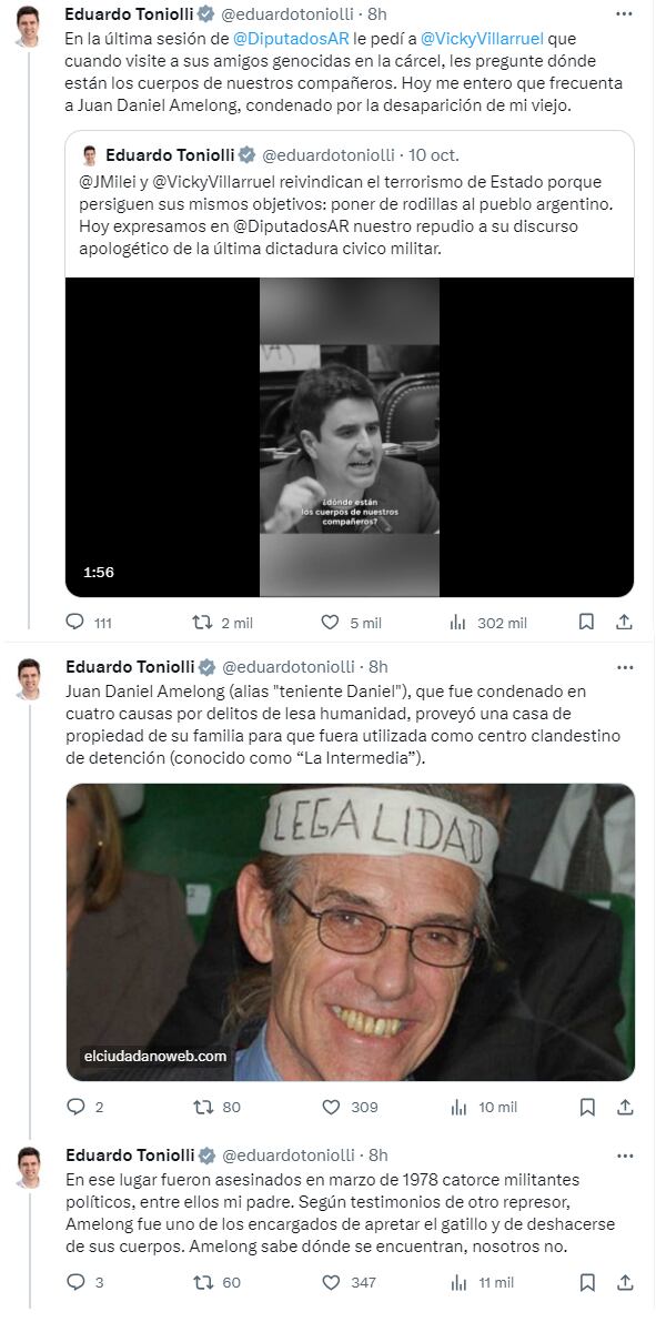 Toniolli usó sus redes para el repudio