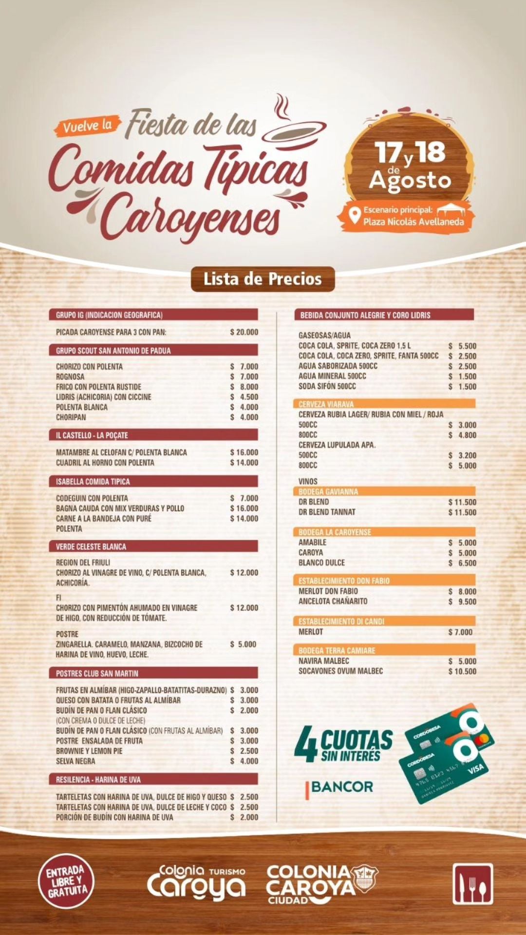 El listado de precios de los productos en la fiesta de comidas típicas de Colonia Caroya.