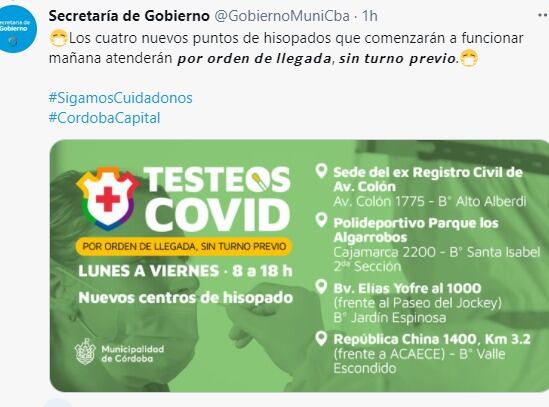 La Municipalidad habilita desde este viernes otros cuatro centros para testeos.