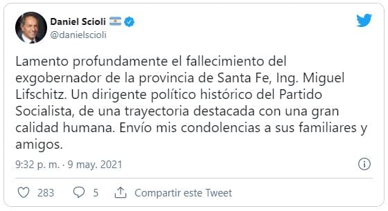 Referentes de los distintos partidos políticos despiden a Miguel Lifschitz en las redes.