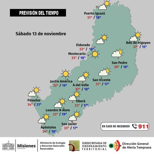 Sábado con pocas diferencias en el clima en la provincia de Misiones.