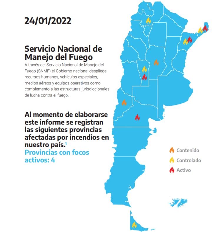 Reporte de incendios en Argentina del lunes 24 de enero.