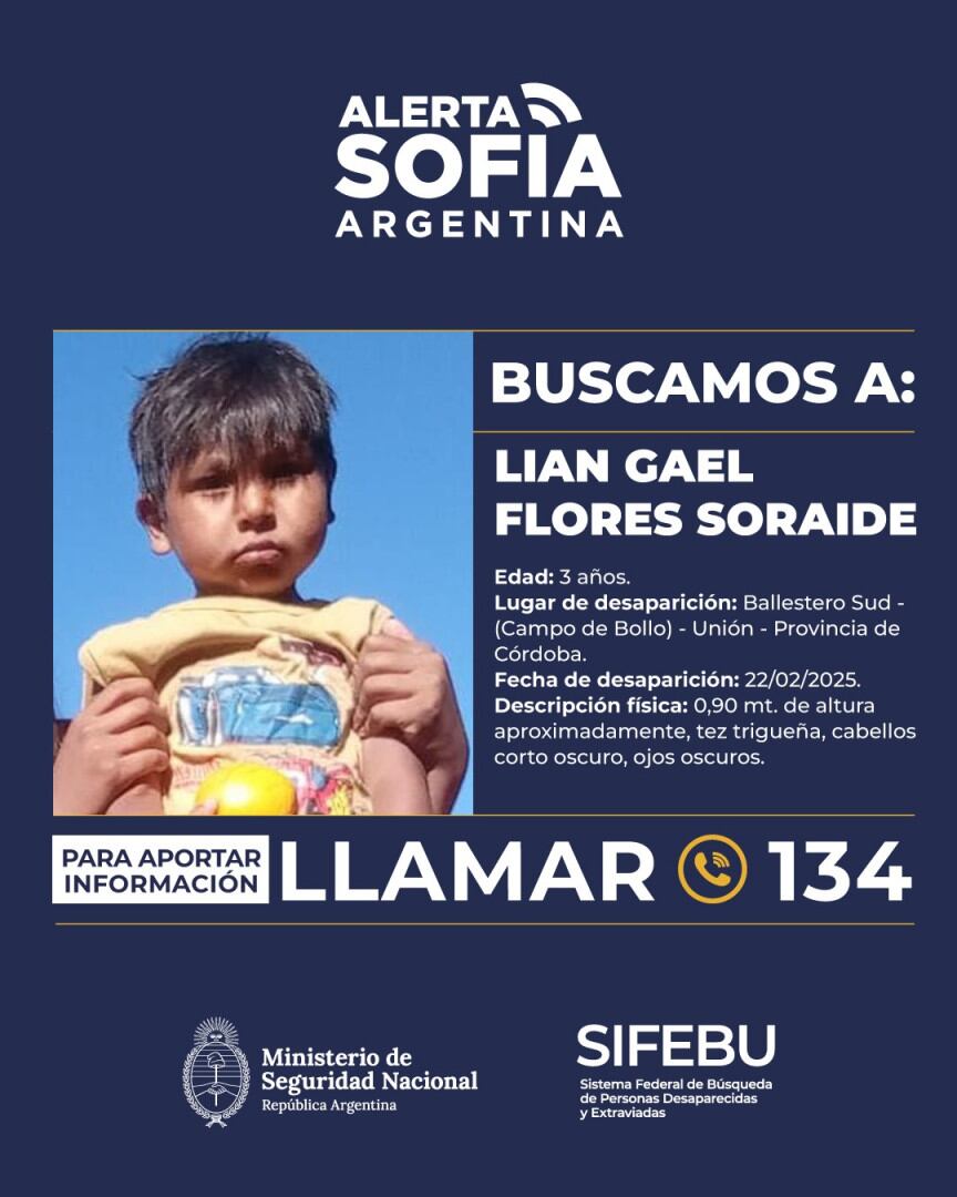 Alerta Sofía por Lian Gael Flores Soraire, el nene desaparecido en Córdoba.