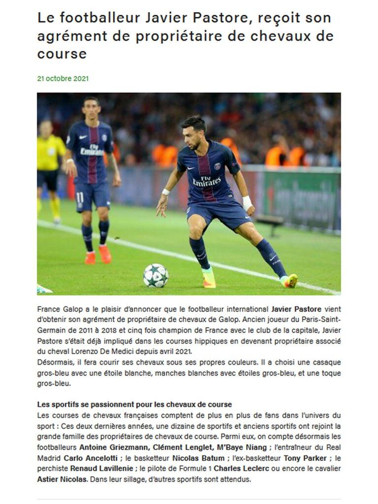 El comunicado de France Galop que confirma que Javier Pastore recibió la licencia para ser propietario de caballos de carrera.