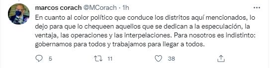 Hilo de Twitter del ministro de la Gestión Pública, Marcos Corach, respondiendo ante la supuesta discriminación en los fondos públicos