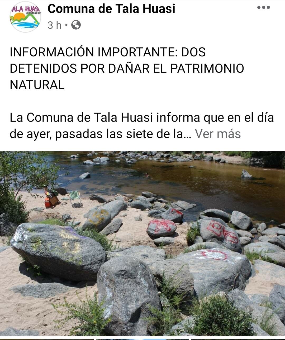 La publicación en Facebook realizada por la Comuna de Tala Huasi este jueves.