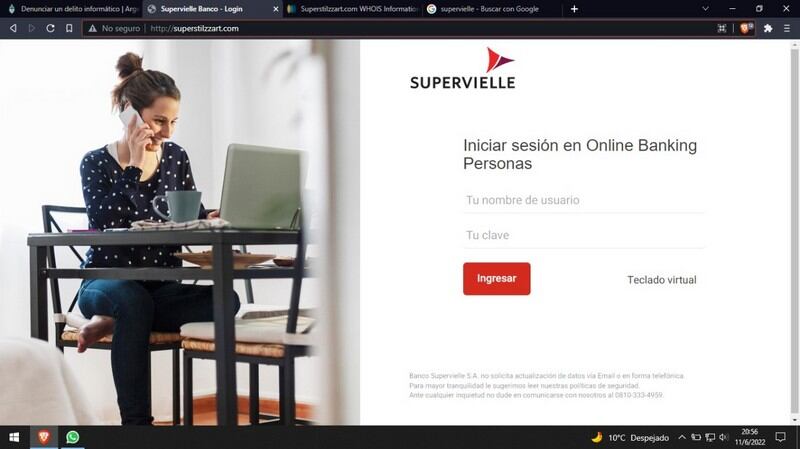 Sitio web FALSO del banco Supervielle. Estafas