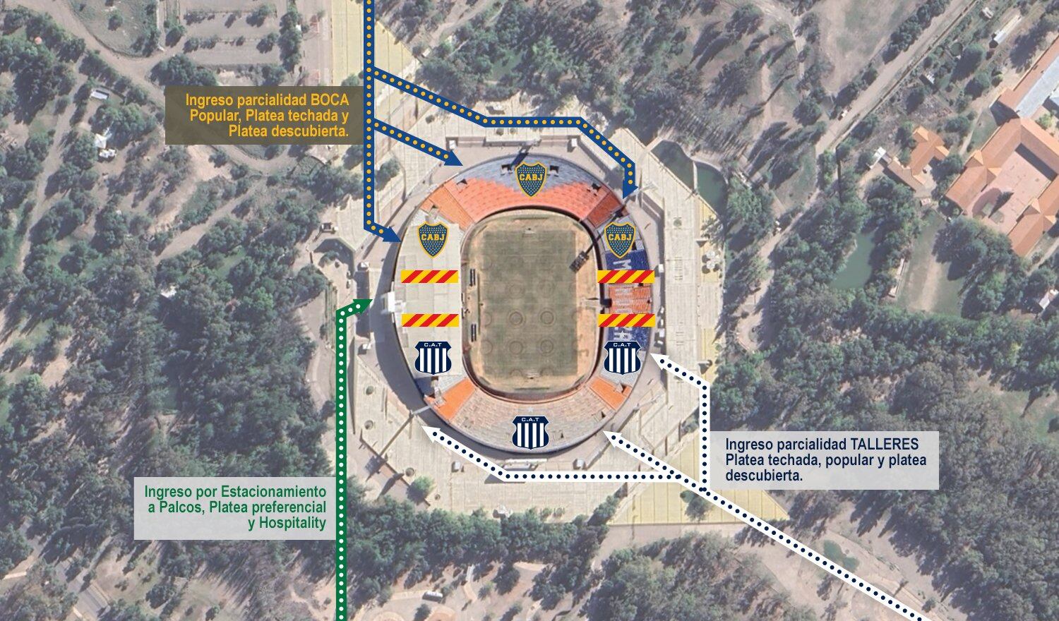 El estadio Malvinas Argentinas y sus accesos para ambas parcialidades.