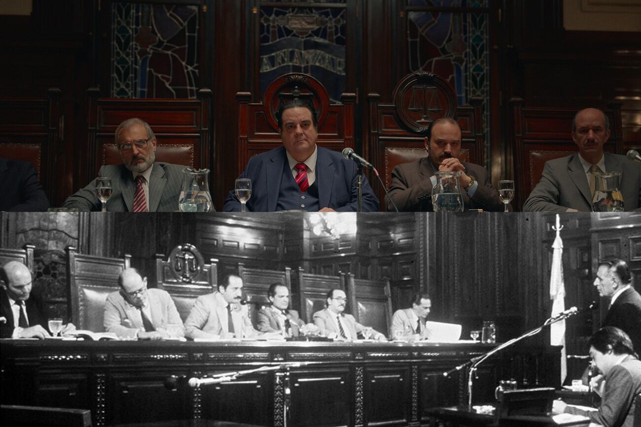 Juicio a las Juntas. Arriba en el filme, abajo tal cual ocurrió en 1985.