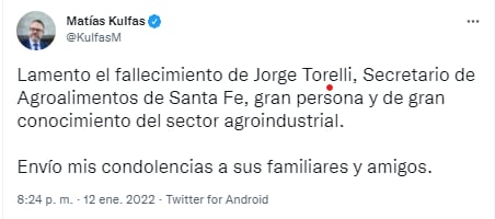 Tweet de Matías Kulfas