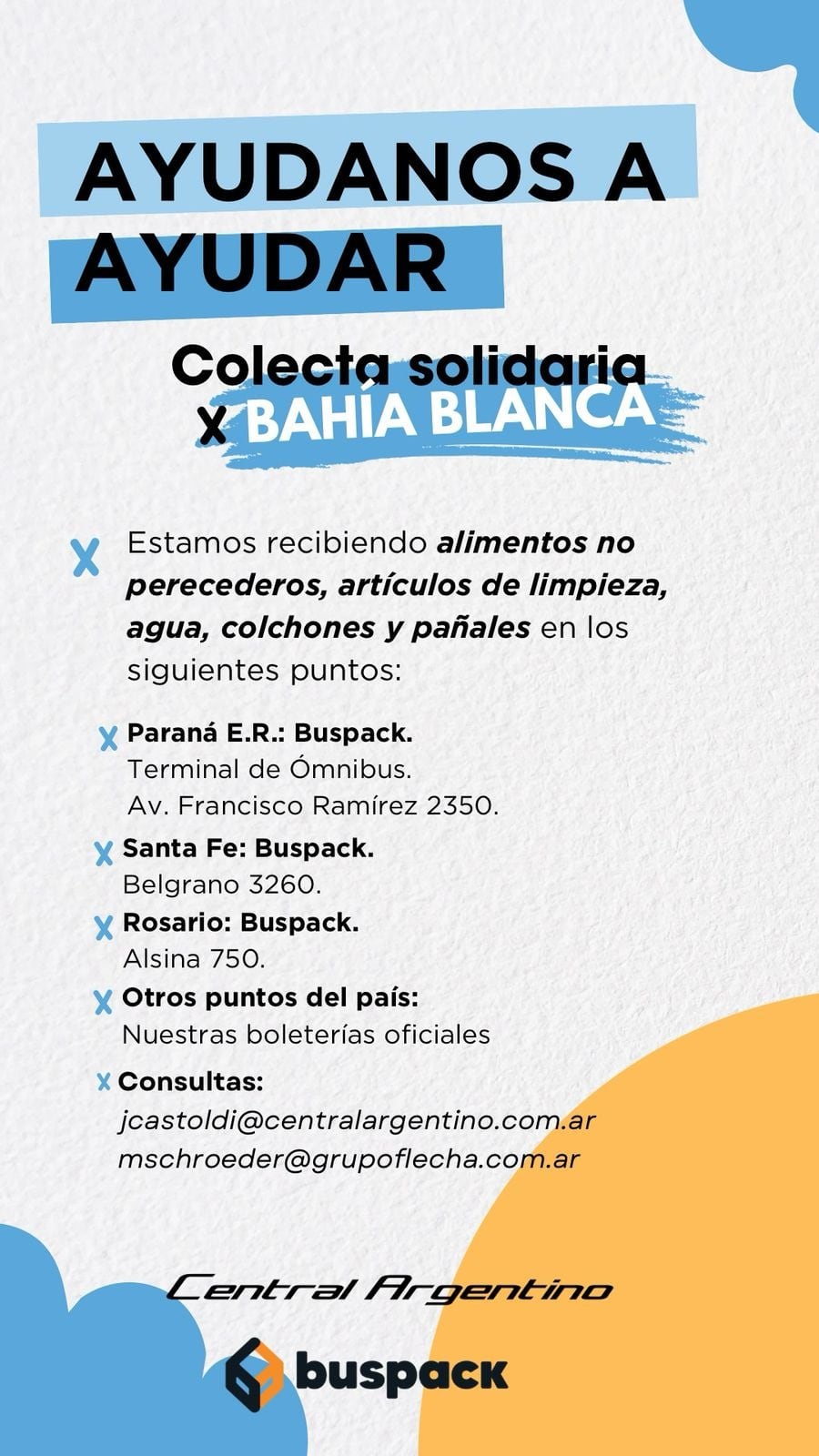 Central Argentino, Grupo Flecha Bus y Terminal Paraná organizan una campaña para ayudar a los afectados por la tragedia en Bahía Blanca.