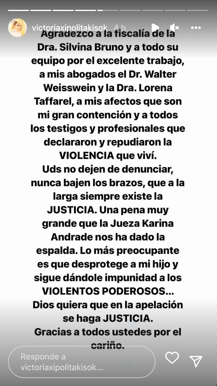 Vicky Xipolitakis publicó un descargo en Instagram tras la decisión de la Justicia