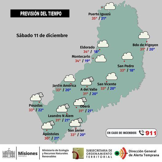 Cielo parcialmente nublado y probabilidad de lluvias en la zona Sur de Misiones.