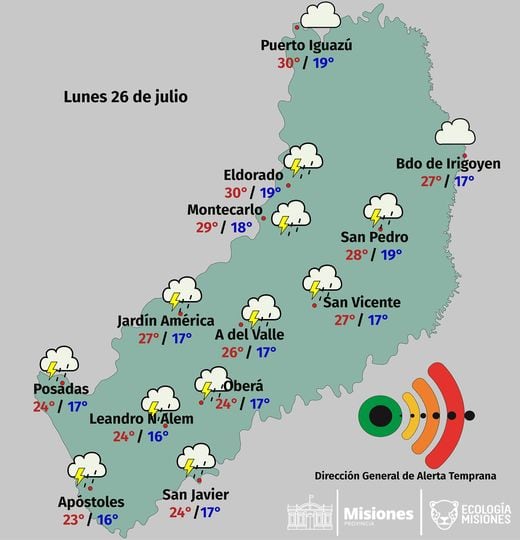 Inicio de semana con lluvias y tormentas generalizadas en toda la provincia.