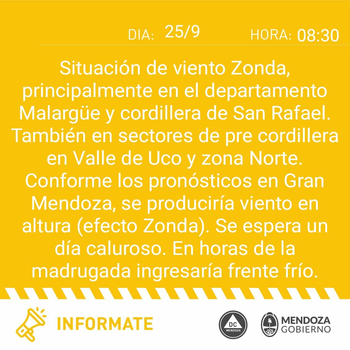 Alerta Zonda sábado 25 de septiembre.