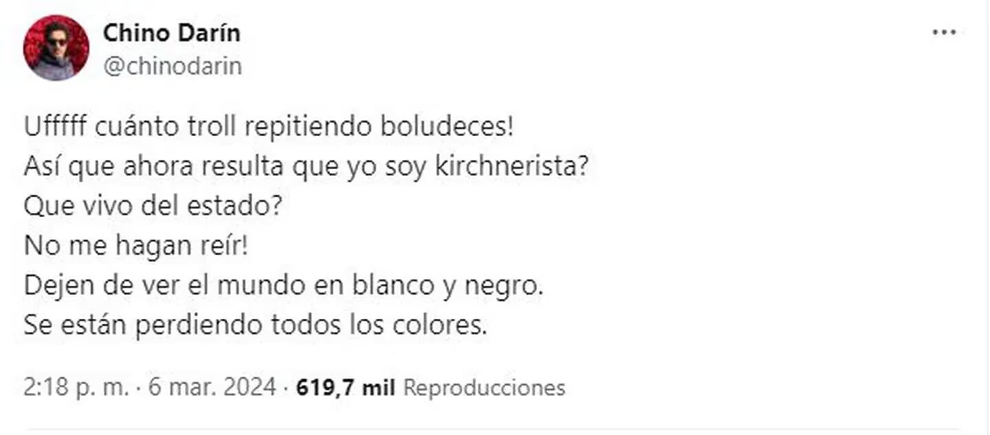 El Chino Darín hizo frente a las críticas por hablar del gobierno