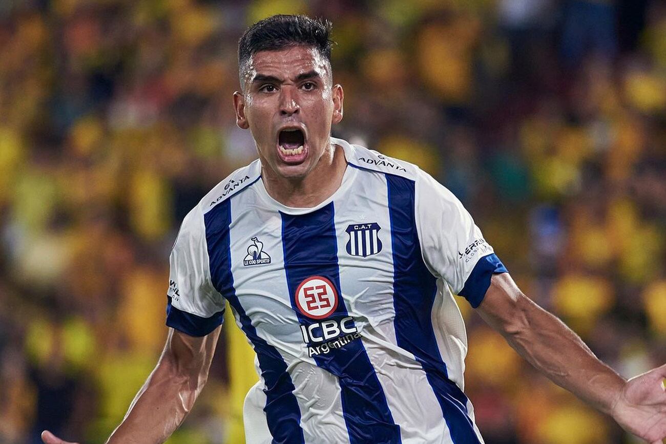 Juan Rodríguez, tras el gol decisivo que marcó para Talleres en Ecuador. (Talleres Oficial)