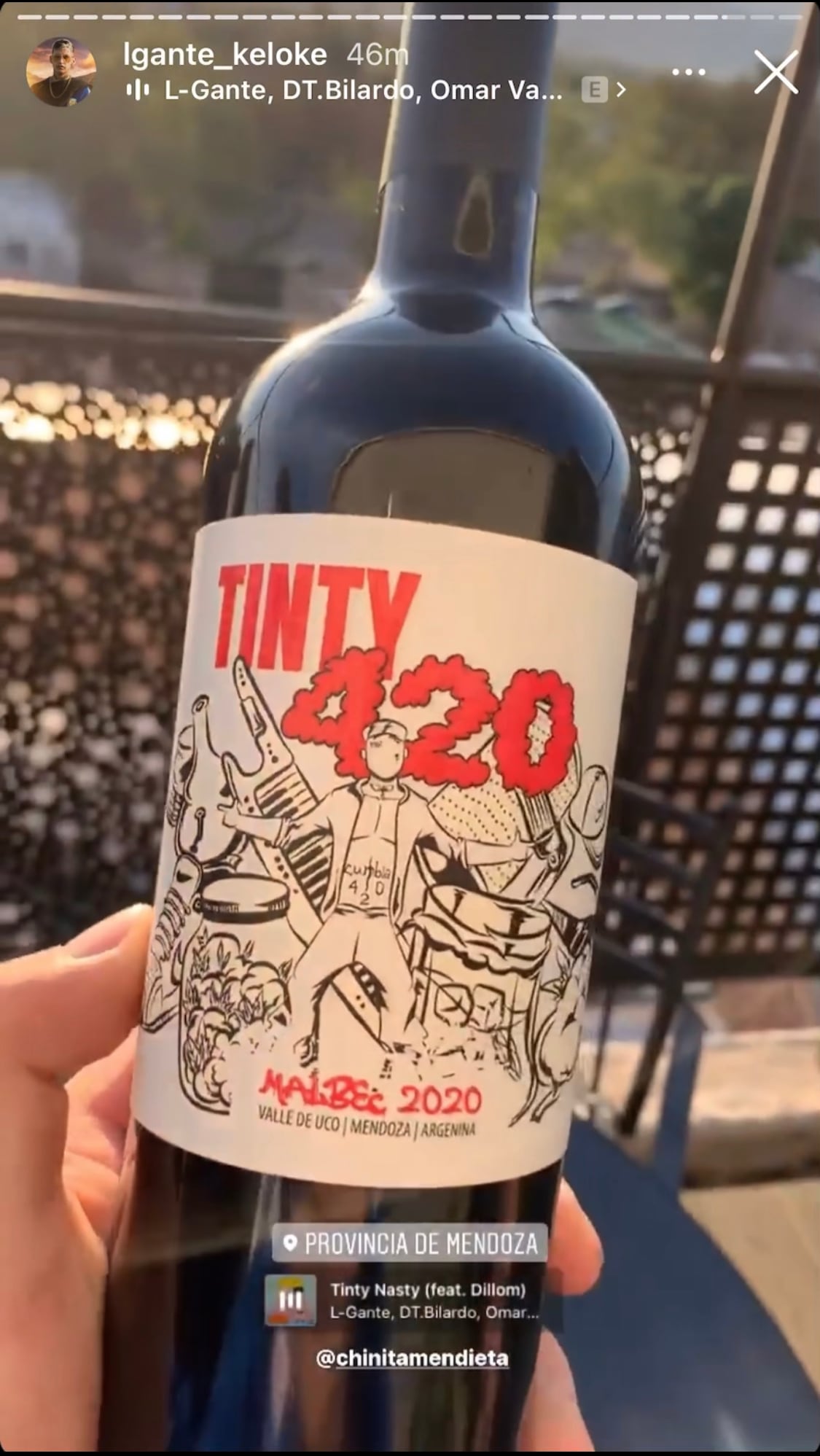 El vino de L-Gante en primera plana. Su caricatura es el centro de la etiqueta del Malbec.