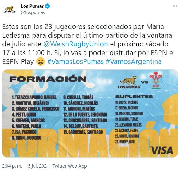 Formación de Los Pumas contra Gales.