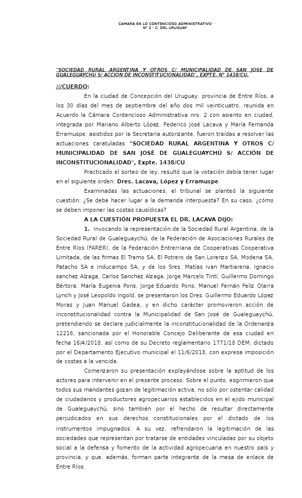 La Justicia de Entre Ríos declaró inconstitucional la prohibición del glifosato en Gualeguaychú