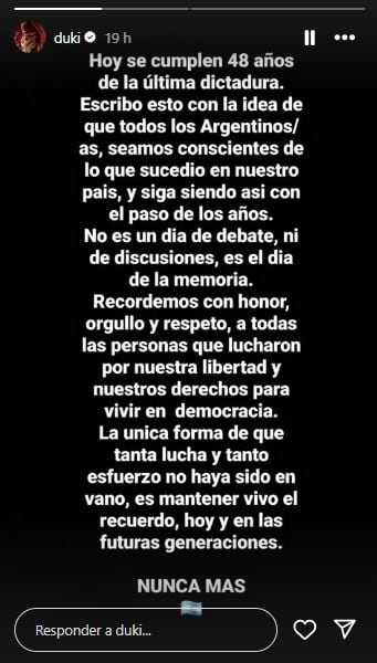 El contundente mensaje de Duki en el Día de la Memoria: “Seamos conscientes…”