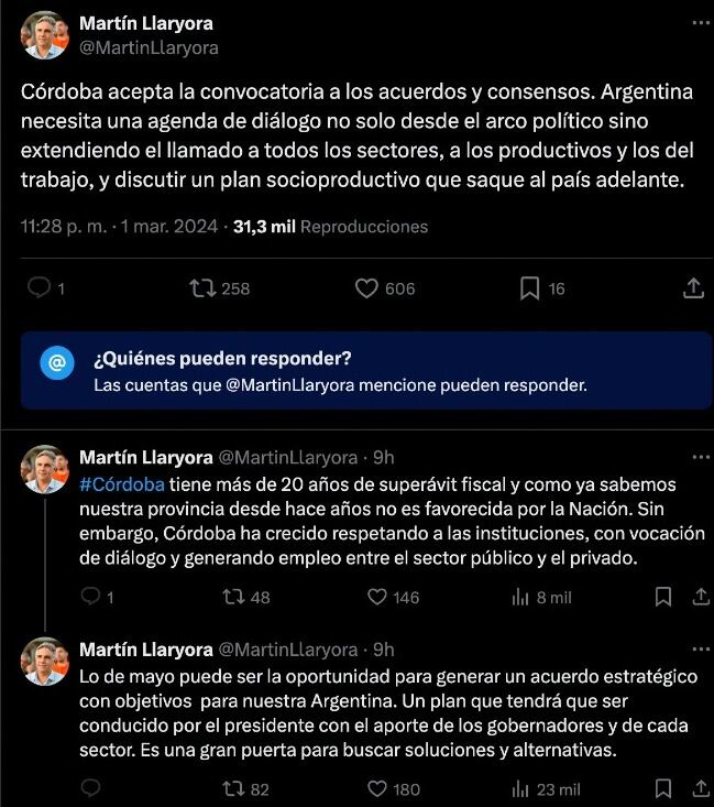 Llaryora se pronunció en redes tras el anuncio de Milei sobre el Pacto de Mayo en Córdoba.