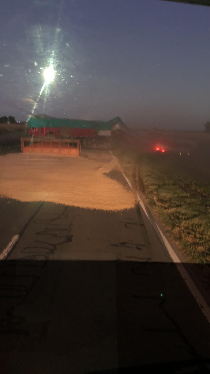 Uno de los camiones involucrados en el siniestro vial transportaba granos que quedaron tirados sobre la calzada.