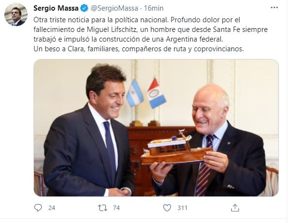 Referentes políticos despiden a Miguel Lifschitz en las redes.