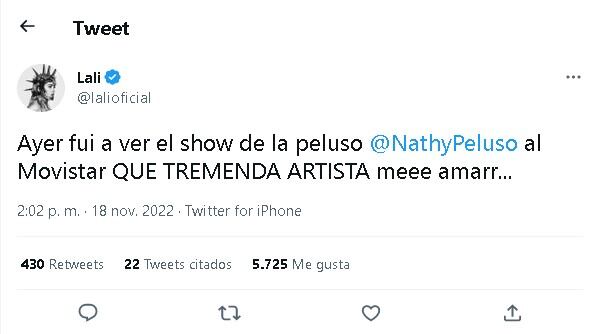 La opinión de Lali Espósito sobre el show de Nathy Peluso.