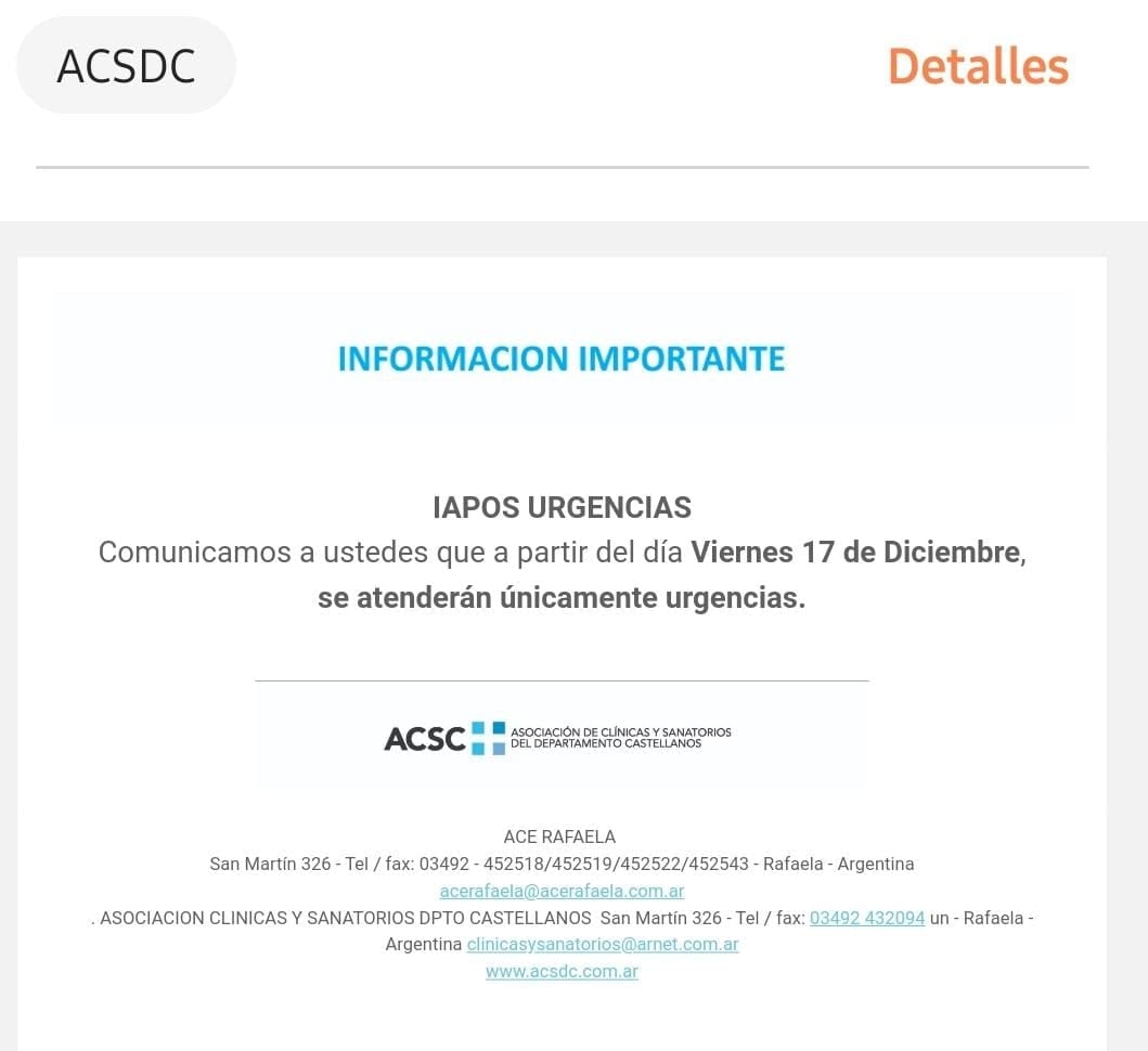 Comunicado de la Asociación de Clínicas y Sanatorios del Departamento Castellanos