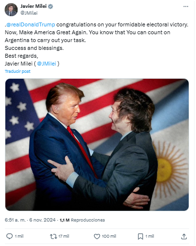 El posteo de Javier Milei felicitando a Donald Trump.