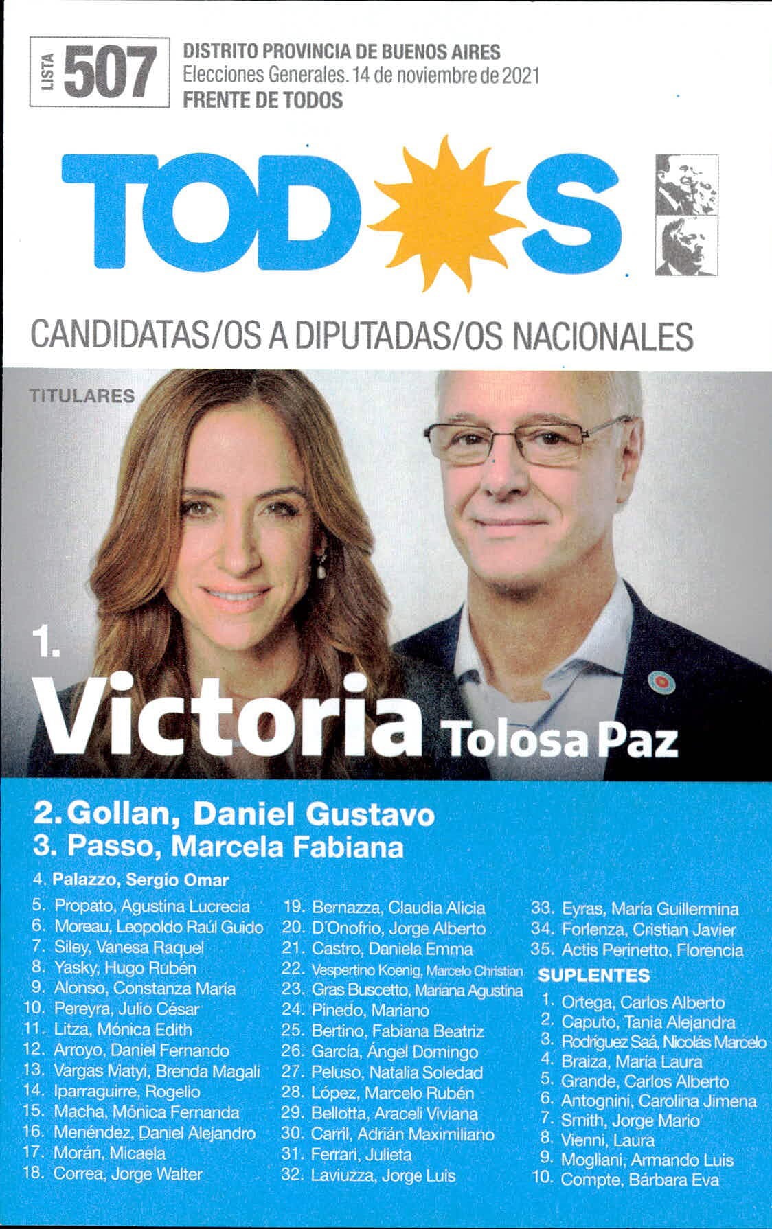 Boleta electoral del "Frente de Todos" para las Elecciones 2021 en la Provincia de Buenos Aires, con Victoria Tolosa Paz a la cabeza de la lista.